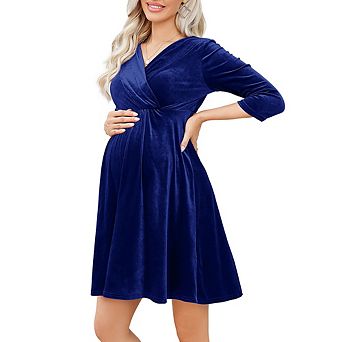 Maternity Velvet Wrap Dress V Neck 3/4 Sleeve Backless Pleated Midi Dress for Baby Shower
