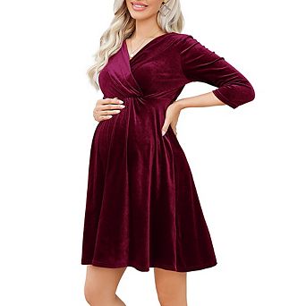 Maternity Velvet Wrap Dress V Neck 3/4 Sleeve Backless Pleated Midi Dress for Baby Shower