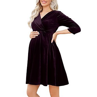Maternity Velvet Wrap Dress V Neck 3/4 Sleeve Backless Pleated Midi Dress for Baby Shower