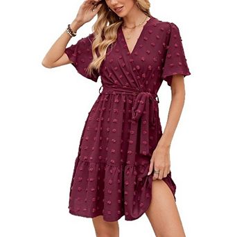 Womens V Neck Swiss Dot Wrap Dress Short Sleeve Tie Waist Ruffle Hem Casual Office Dress