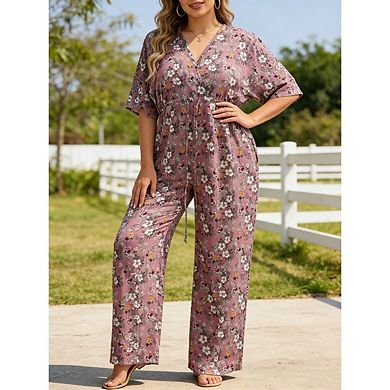 Womens Plus Size V Neck Printed Jumpsuit Short Sleeve Drawstring Wide Leg Casual Summer