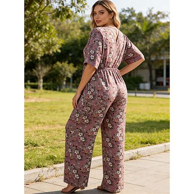 Womens Plus Size V Neck Printed Jumpsuit Short Sleeve Drawstring Wide Leg Casual Summer