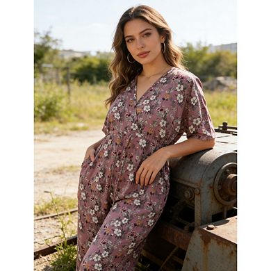 Womens Plus Size V Neck Printed Jumpsuit Short Sleeve Drawstring Wide Leg Casual Summer