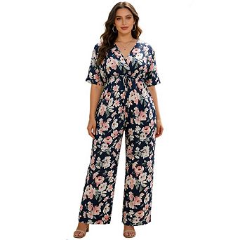 Womens Plus Size V Neck Printed Jumpsuit Short Sleeve Drawstring Wide Leg Casual Summer