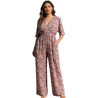 Womens Plus Size V Neck Printed Jumpsuit Short Sleeve Drawstring Wide Leg Casual Summer