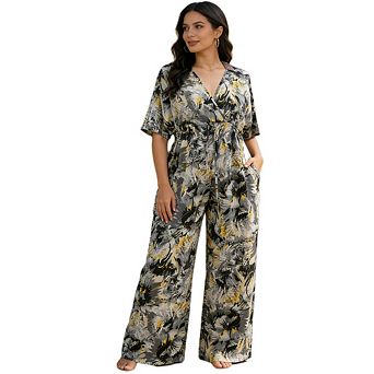 Womens Plus Size V Neck Printed Jumpsuit Short Sleeve Drawstring Wide Leg Casual Summer