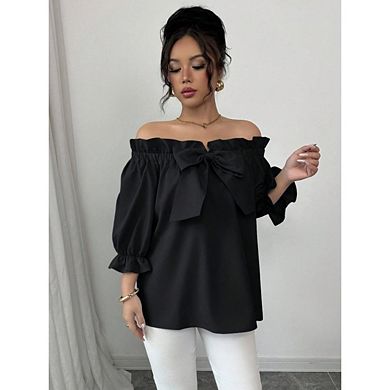 Women's Off Shoulder Convertible Top Bow Tie Ruffle Sleeve Summer Boho Resort Vacation Date Shirt