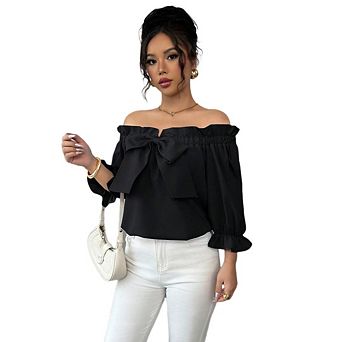 Women's Off Shoulder Convertible Top Bow Tie Ruffle Sleeve Summer Boho Resort Vacation Date Shirt
