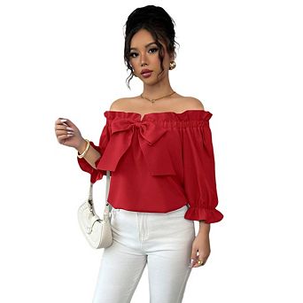 Women's Off Shoulder Convertible Top Bow Tie Ruffle Sleeve Summer Boho Resort Vacation Date Shirt