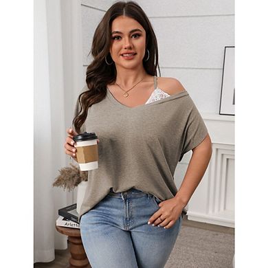 Women's Summer Plus Size Off Shoulder Blouse Tops Lace Strappy Short Sleeve Casual Vacation Tee