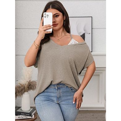 Women's Summer Plus Size Off Shoulder Blouse Tops Lace Strappy Short Sleeve Casual Vacation Tee
