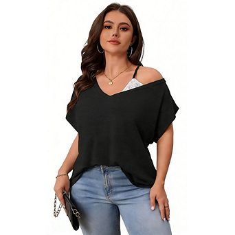 Women's Summer Plus Size Off Shoulder Blouse Tops Lace Strappy Short Sleeve Casual Vacation Tee