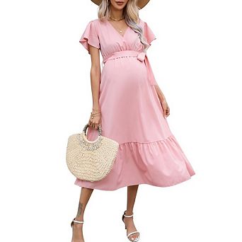 Women's Baby Shower Boho Dress Summer V Neck Short Sleeve Maternity Dress Empire Waist Tiered