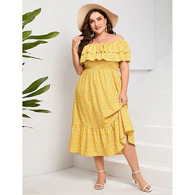 Plus Size Off Shoulder Midi Dress Ruffle Layer Smocked Waist Floral & Solid Casual Dress