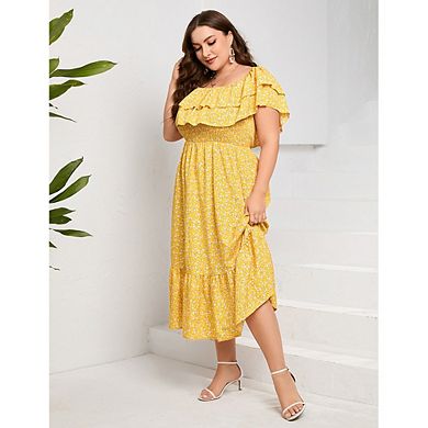 Plus Size Off Shoulder Midi Dress Ruffle Layer Smocked Waist Floral & Solid Casual Dress