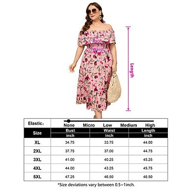 Plus Size Off Shoulder Midi Dress Ruffle Layer Smocked Waist Floral & Solid Casual Dress