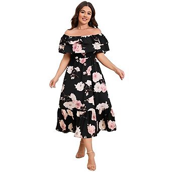 Plus Size Off Shoulder Midi Dress Ruffle Layer Smocked Waist Floral & Solid Casual Dress
