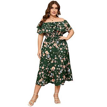 Plus Size Off Shoulder Midi Dress Ruffle Layer Smocked Waist Floral & Solid Casual Dress