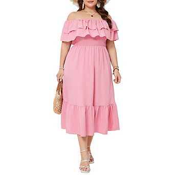 Plus Size Off Shoulder Midi Dress Ruffle Layer Smocked Waist Floral & Solid Casual Dress