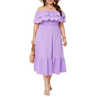 Plus Size Off Shoulder Midi Dress Ruffle Layer Smocked Waist Floral & Solid Casual Dress