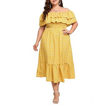 Plus Size Off Shoulder Midi Dress Ruffle Layer Smocked Waist Floral & Solid Casual Dress
