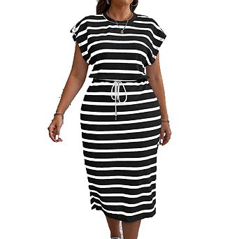 Round Neck Batwing Sleeve Drawstring Waist Striped Midi Dress