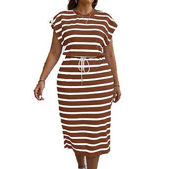 Round Neck Batwing Sleeve Drawstring Waist Striped Midi Dress