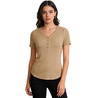 Womens Plus Size Summer Short Sleeve Tops Ribbed Henley Button Slim Fit Casual Fashion Clothing