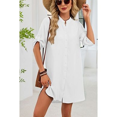Womens Modern Button Down Shirt Dresses Spring Summer V Neck Midi Sleeve Dress