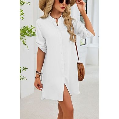 Womens Modern Button Down Shirt Dresses Spring Summer V Neck Midi Sleeve Dress