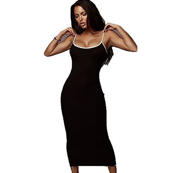 Spaghetti Strap Contrast Trim Ribbed Knit Bodycon Midi Dress