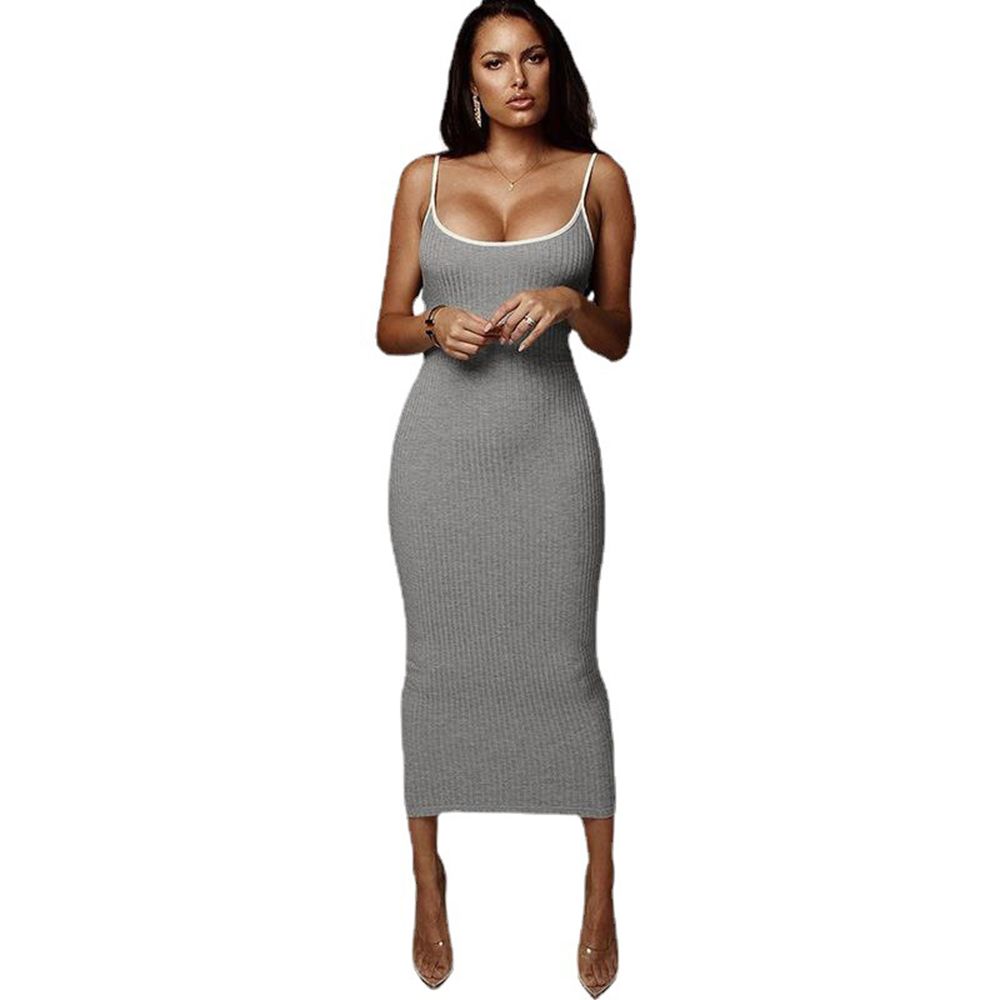 Женские платья Spaghetti Strap Contrast Trim Ribbed Knit Bodycon Midi Dress