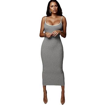 Spaghetti Strap Contrast Trim Ribbed Knit Bodycon Midi Dress