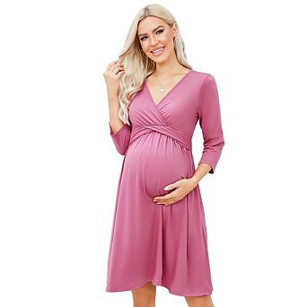 Maternity V Neck Wrap Dress 3/4 Sleeve Waist Tie Casual & Velvet Midi Dress for Baby Shower