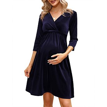Maternity V Neck Wrap Dress 3/4 Sleeve Waist Tie Casual & Velvet Midi Dress for Baby Shower