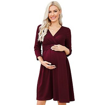 Maternity V Neck Wrap Dress 3/4 Sleeve Waist Tie Casual & Velvet Midi Dress for Baby Shower