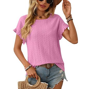 Womens Summer Beach Vacation Casual Babydoll Blouses Crewneck Eyelet Ruffle Sleeve Shirts