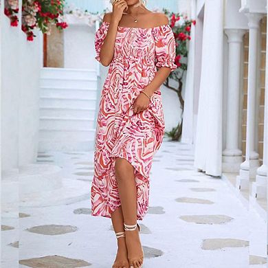 Off Shoulder Puff Sleeve Printed Tiered Maxi Dress