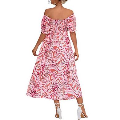 Off Shoulder Puff Sleeve Printed Tiered Maxi Dress