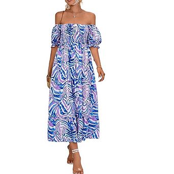 Off Shoulder Puff Sleeve Printed Tiered Maxi Dress