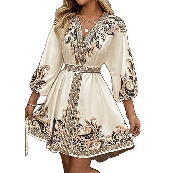 Long Sleeve V-Neck Belted Waist Floral Print Shirt Dress