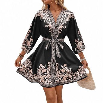 Long Sleeve V-Neck Belted Waist Floral Print Shirt Dress