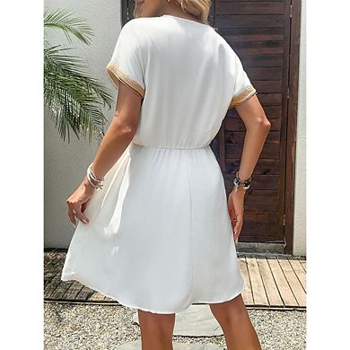 Short Sleeve V-Neck Lace Trim Tassel Drawstring Mini Dress