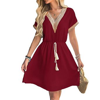 Short Sleeve V-Neck Lace Trim Tassel Drawstring Mini Dress