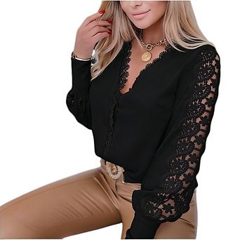 Womens Fall V Neck Eyelet Elegant Lace Blouses Long Sleeve Dressy Floral Embroidery Hollow Tops