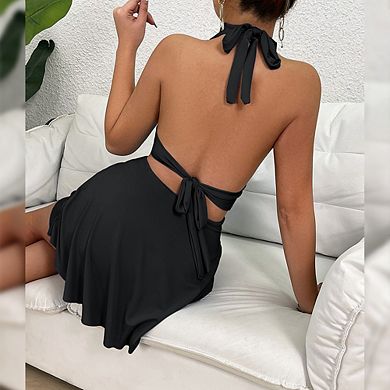 Halter Neck Ruched Waist A-Line Flare Mini Dress