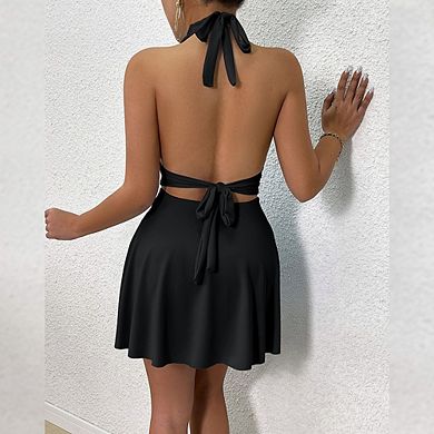 Halter Neck Ruched Waist A-Line Flare Mini Dress