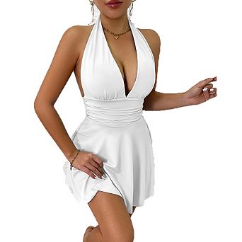 Halter Neck Ruched Waist A-Line Flare Mini Dress