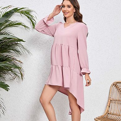 Long Sleeve V-Neck Ruffle Cuff High Low Hem Maternity Mini Dress