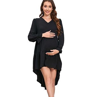 Long Sleeve V-Neck Ruffle Cuff High Low Hem Maternity Mini Dress
